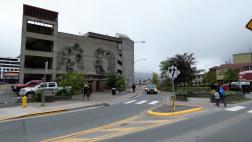 Juneau Library and Crosswalk on Franklin St and Marine Way Fork
