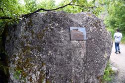 Romeo the Friendly Wolf Plaque on Boulder at Nugget Falls Trail