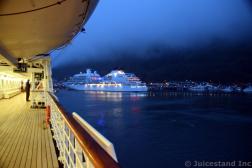 View of Seabourn Sojourn from MS Amsterdam Leaving Juneau at Night